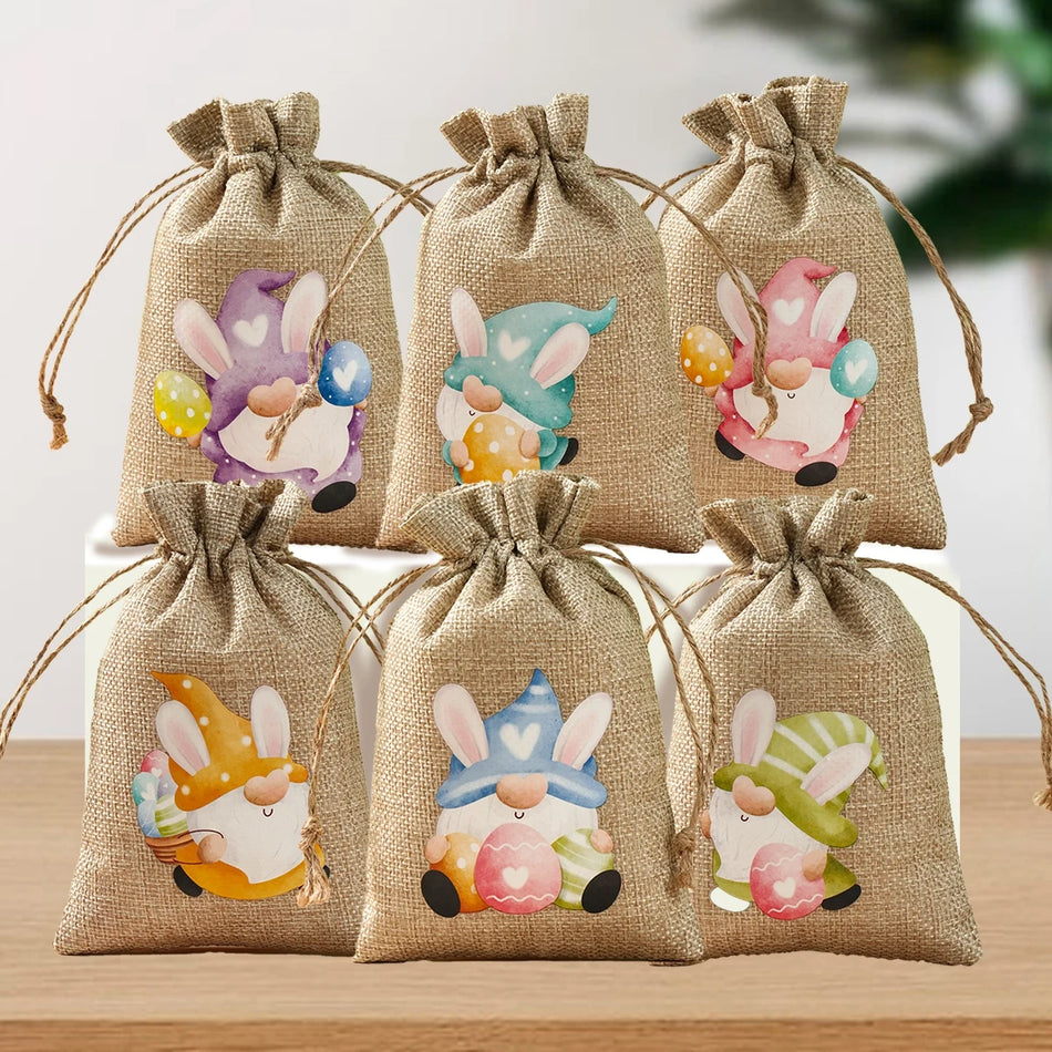 6Pcs Easter Linen Gift Bag Bunny Candy Cookie Packing Bag Spring Easter Party Favor Supplies Kids Birthday Party Candy Gifts