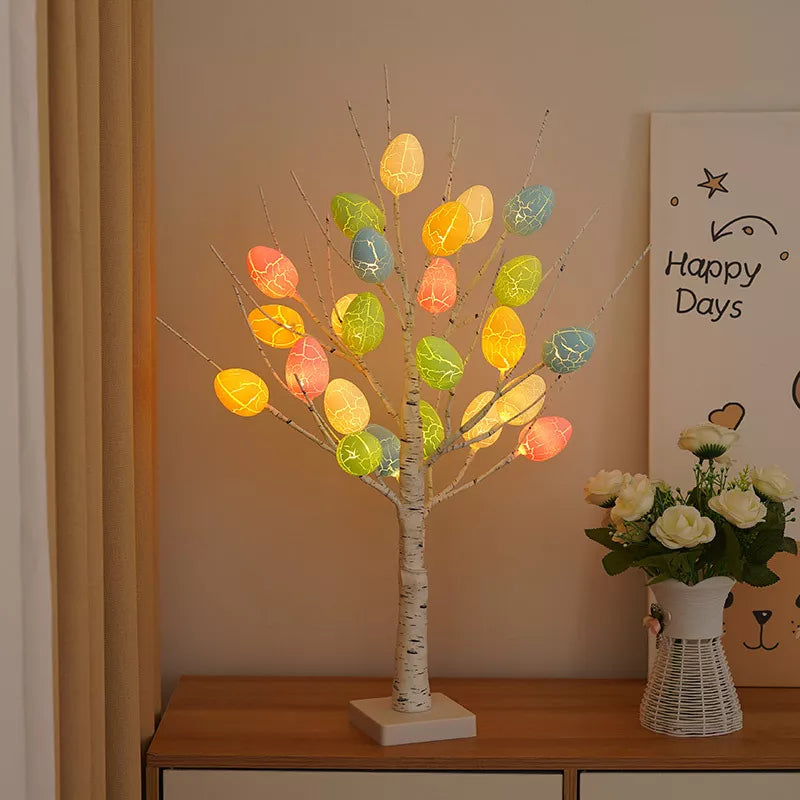 60cm Easter Brich Tree Lamp 40LED Easter Eggs Ornaments Hanging Easter Decorations for Home Spring Festival Party Table Decor