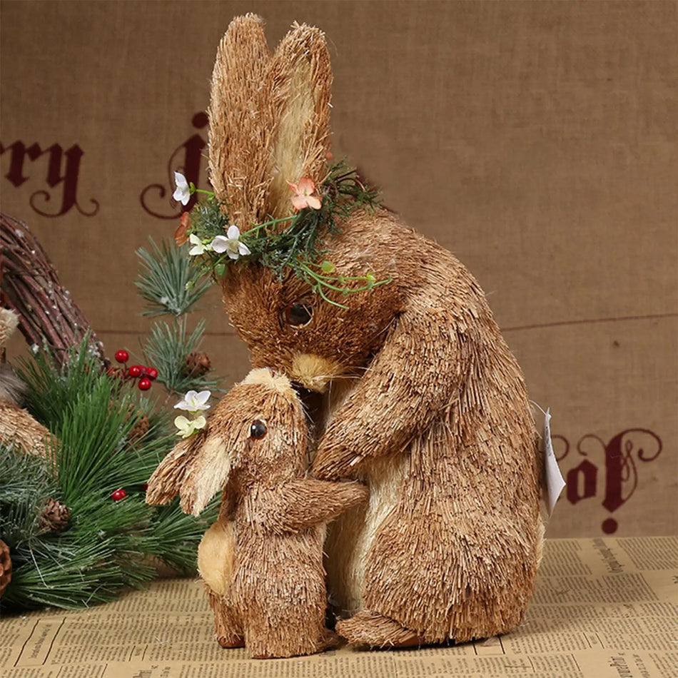 Cute Easter Straw Woven Rabbit Bunny Decorations Party Supplies Sculpture Art Crafts for Home Garden Desktop Outdoor Ornaments