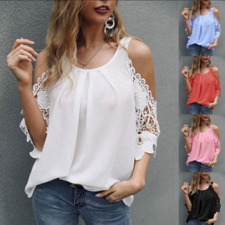 Summer New Women'S Sling Strapless Short-Sleeved Casual Solid Color Shirt