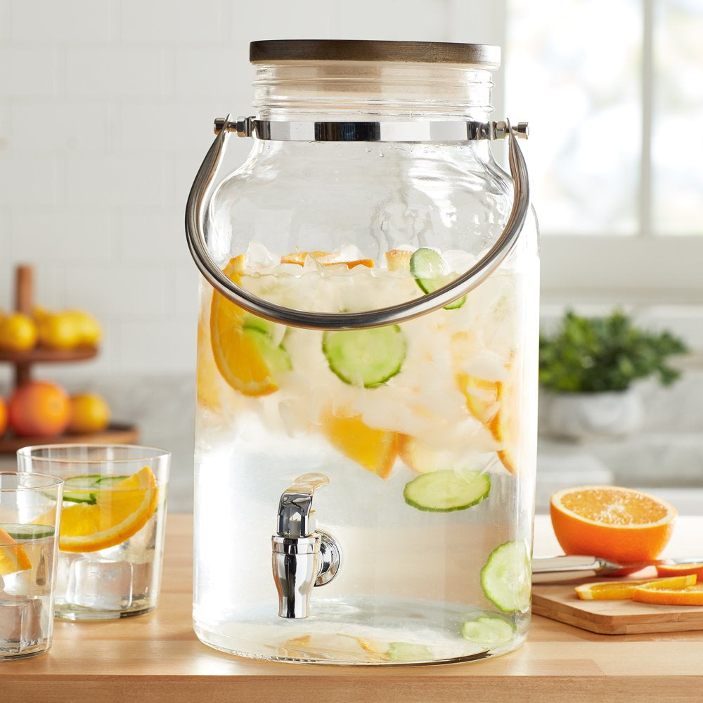 Clear 1.5 Gallon Glass Beverage Dispenser with Wood Lid