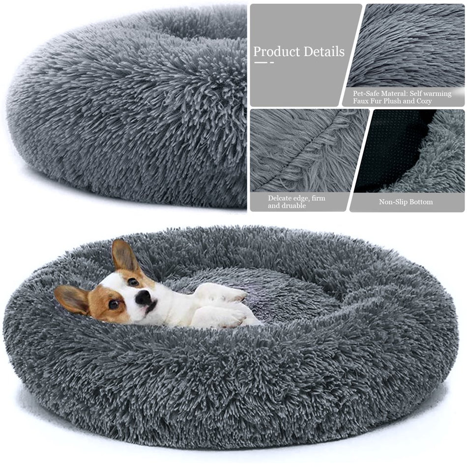 Calming Dog & Cat Bed, Anti-Anxiety Donut Cuddler Warming Cozy Soft round Bed, Fluffy Faux Fur Plush Cushion Bed for Medium Small Dogs and Cats, 24"