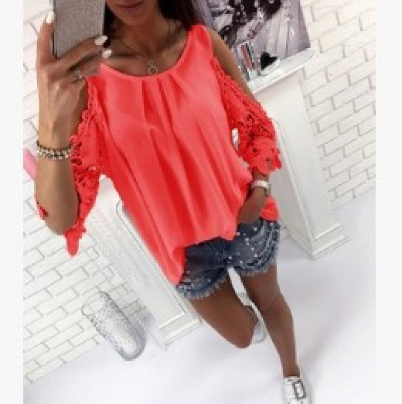 Summer New Women'S Sling Strapless Short-Sleeved Casual Solid Color Shirt