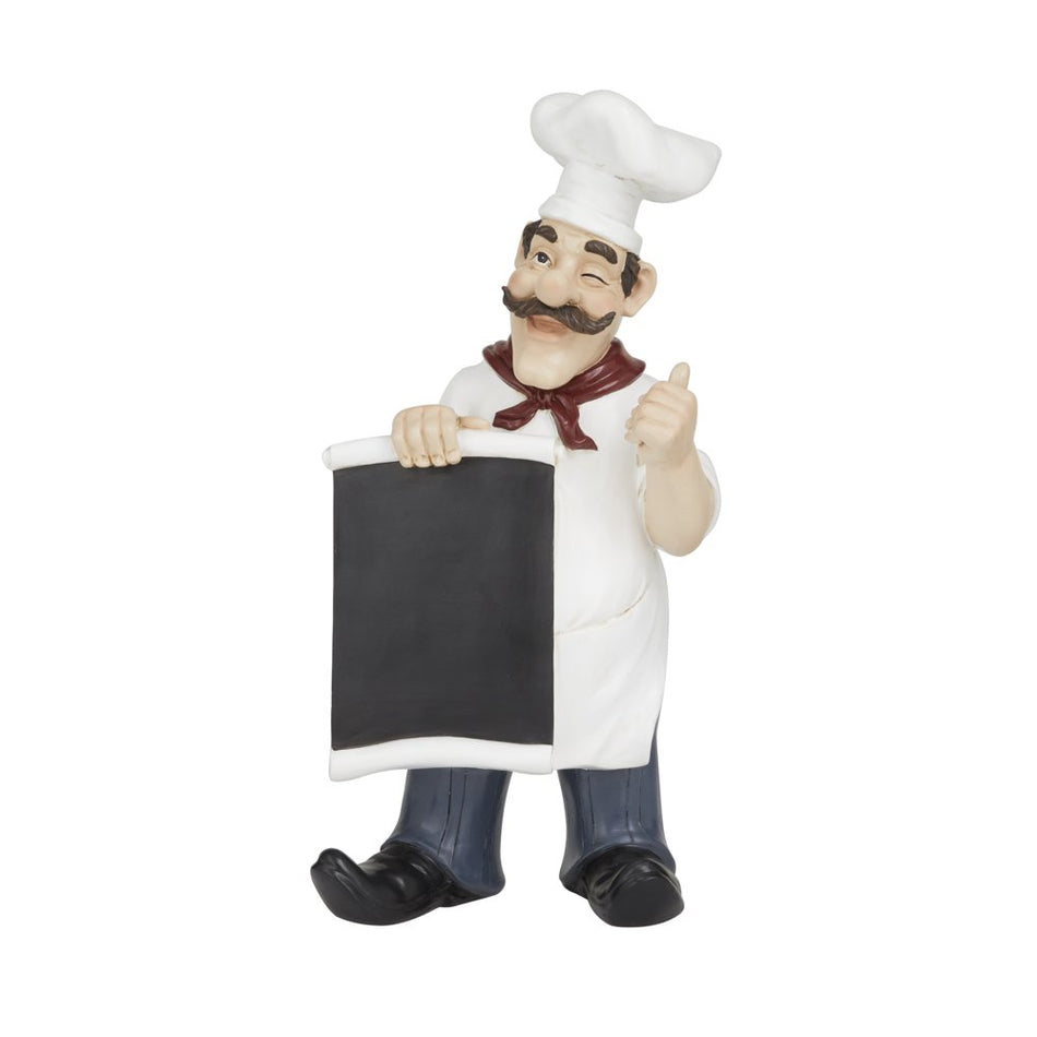 7" X 15" White Polystone Chef Sculpture with Chalkboard, by