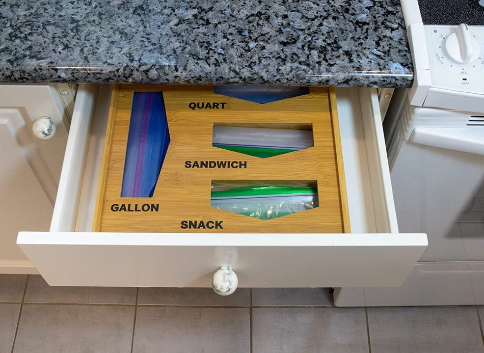 Ziplock Bag Organizer and Sandwich Bag Organizer for Kitchen Drawer - Bamboo Org