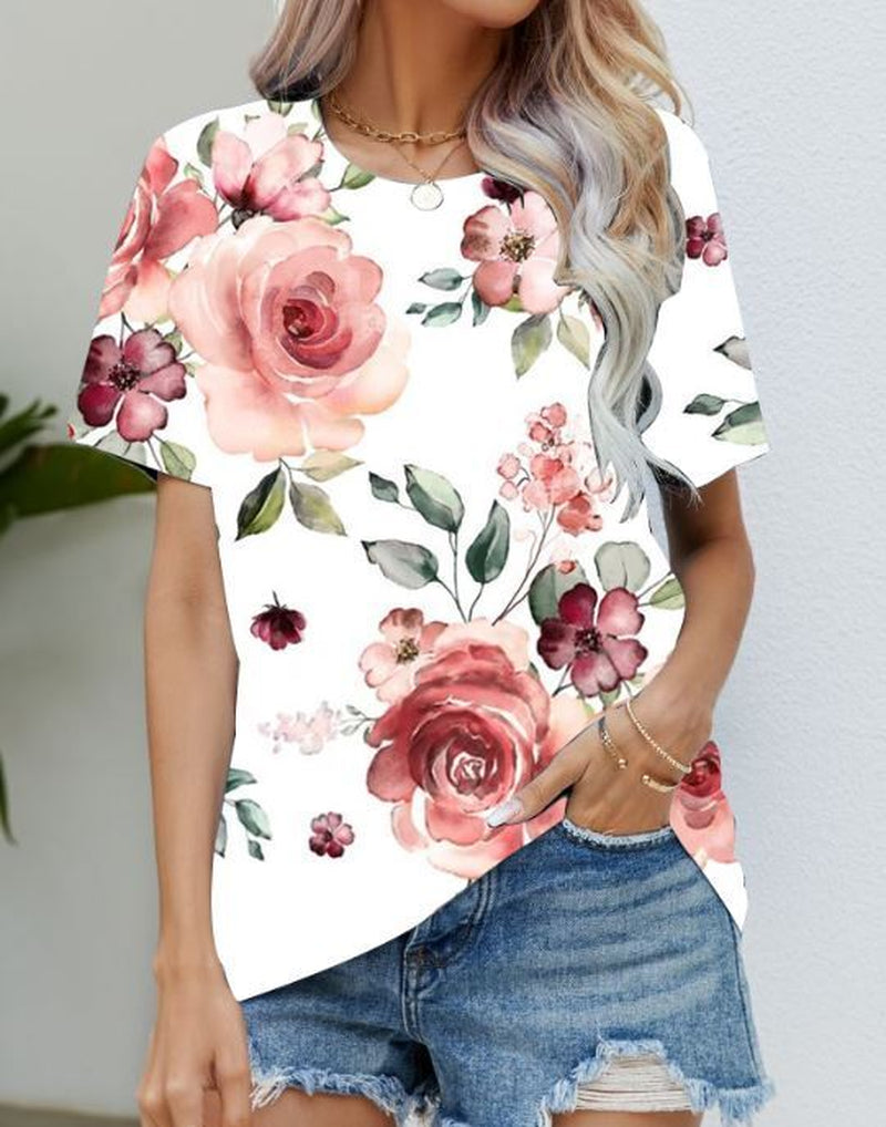 Blouse Women'S Black Flower T Shirt Fashion Soft Short Sleeve T-Shirt Casual Tee