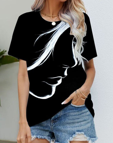 Blouse Women'S Black Flower T Shirt Fashion Soft Short Sleeve T-Shirt Casual Tee