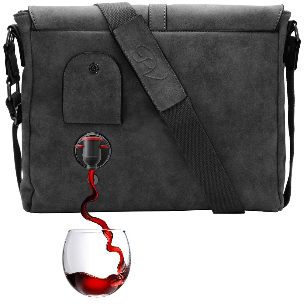 Messenger - Vegan Leather Wine Bag with Hidden Compartment and Dispenser Flask That Holds and Pours 2 Bottles