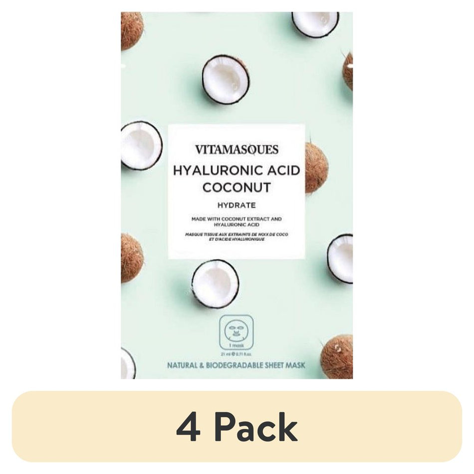 (4 Pack)  Biodegradable Coconut Face Mask, Hydrating Hyaluronic Acid, One Sheet Mask