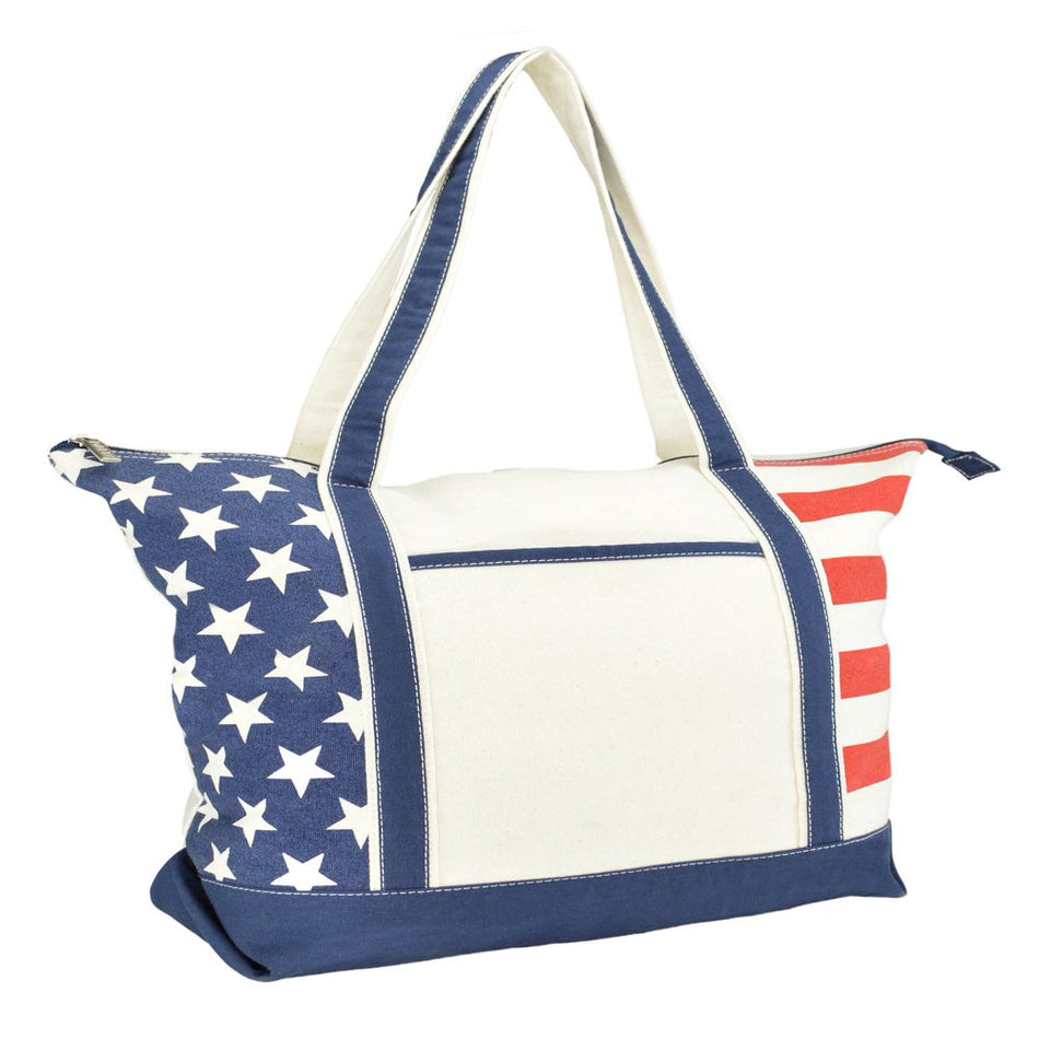 Stars and Stripes Zippered Cotton Canvas USA 4Th of July Patriotic Handbag Shopping Tote