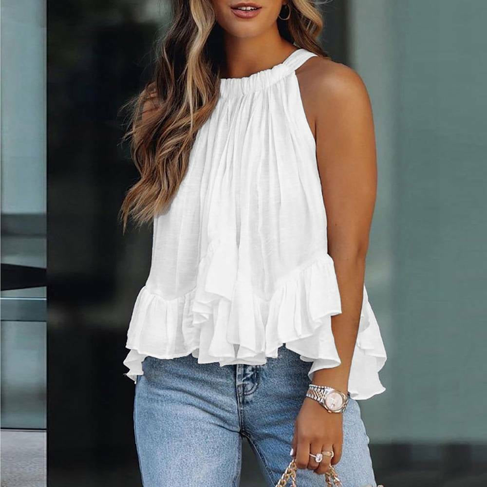 Womens Halter Neck Swing Vest Tank Tops Blouse Ladies Summer Ruffle T-Shirt Tee