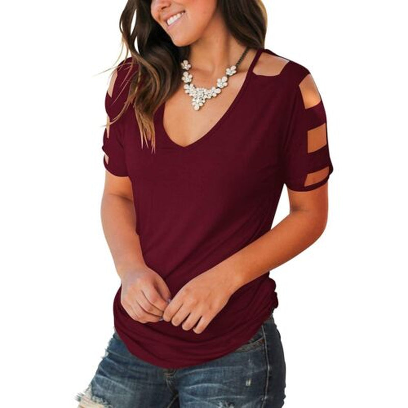 Women'S Short Sleeve Hollow Out Cold Summer Shoulder Tops Deep V Neck T Shirts