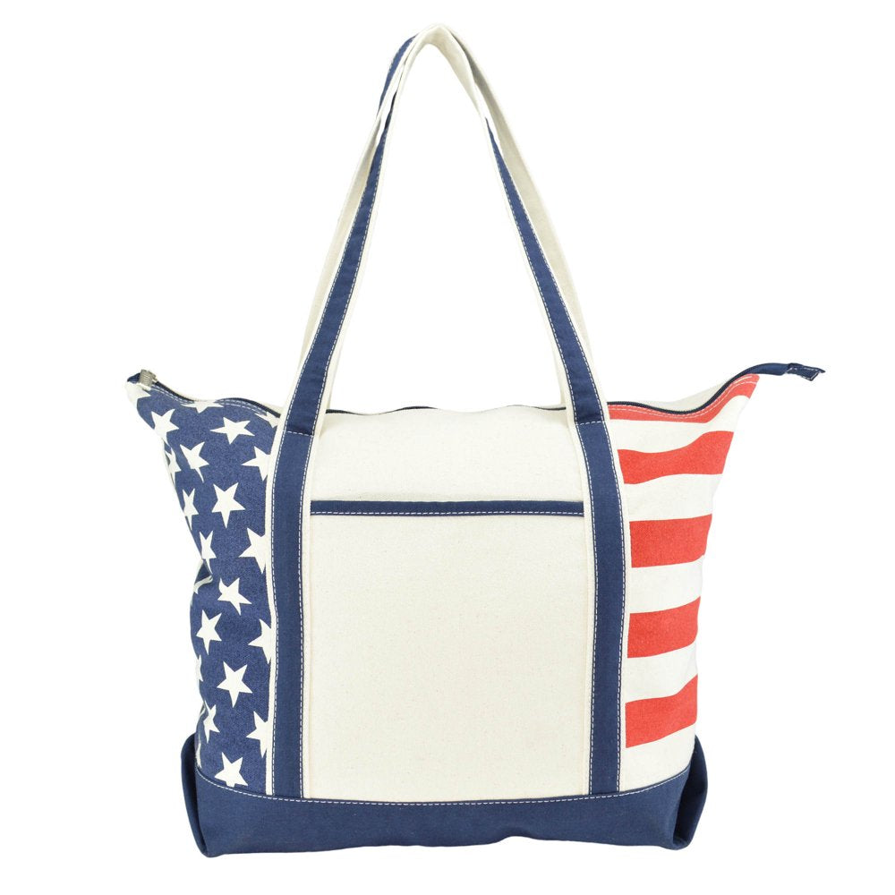 Stars and Stripes Zippered Cotton Canvas USA 4Th of July Patriotic Handbag Shopping Tote