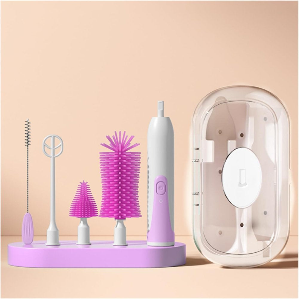 Electric Baby Bottle Brush Travel Set with Automatic Spinning Bottle Brush,Straw Brush and Electric Milk Frother,Suitable for Newborn Babies (Purple)