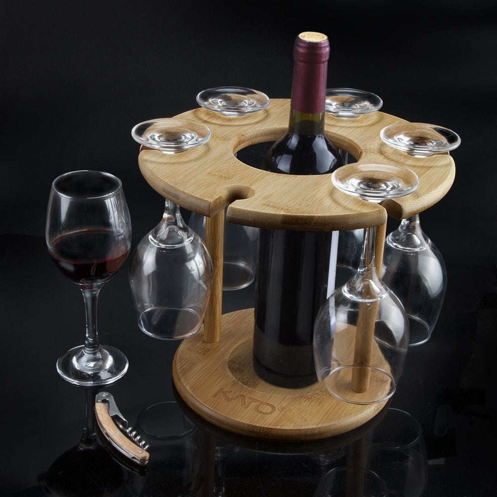 Wine Glass Drying Rack and Bottle Holder, Wooden Wine Storage Glasses Hook Stand Organizer Tray with a Free Wooden Corkscrew Opener