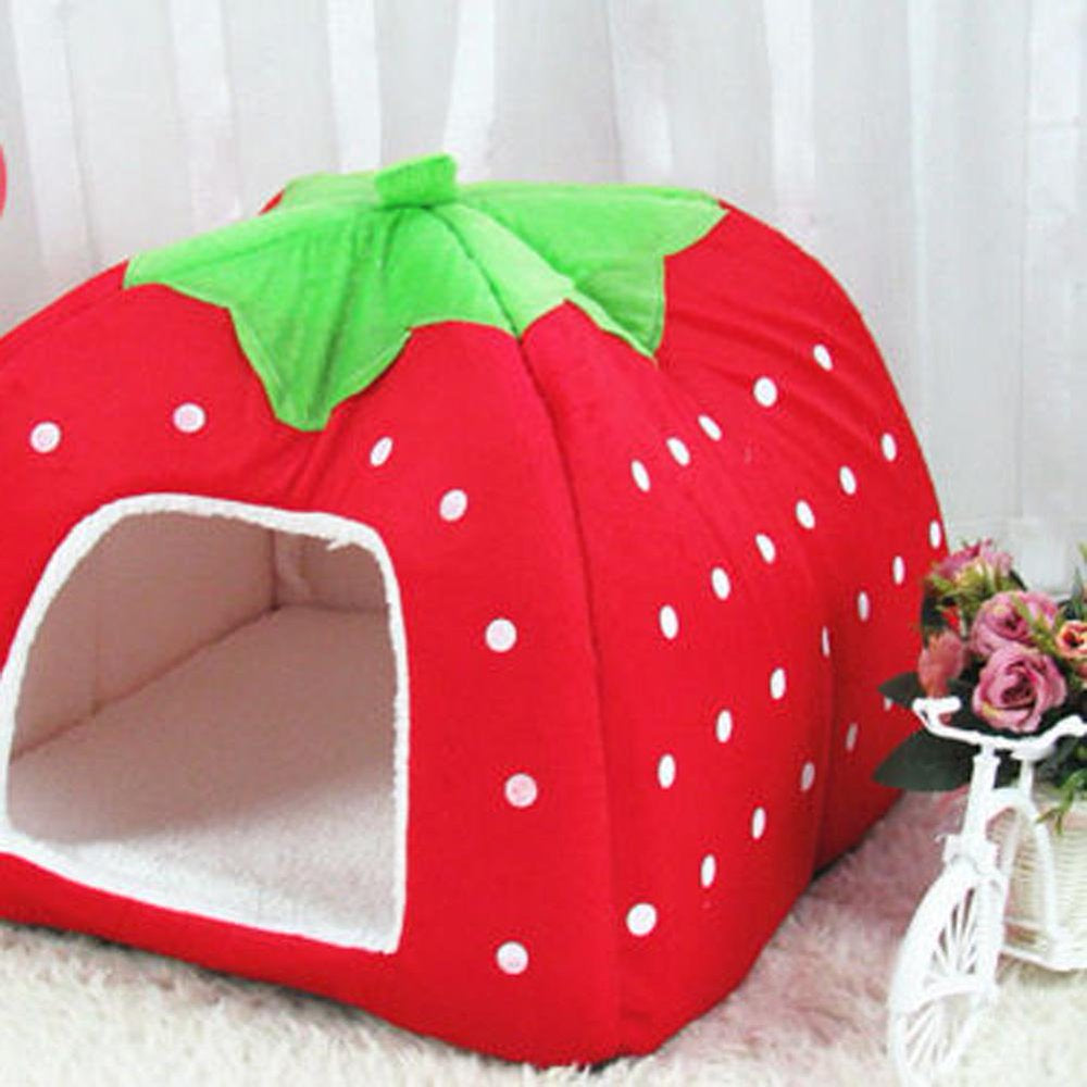 Strawberry Cat Cave Bed, Multi Size Plush Dog Cat Tent Bed House with Washable Pads for Small to Medium Cats and Dogs （Red L）