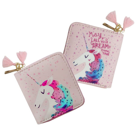 1Pc PU Zipper Wallet Cartoon Unicorns Pattern Wallet Small Zipper Wallet for Girls (Pink)