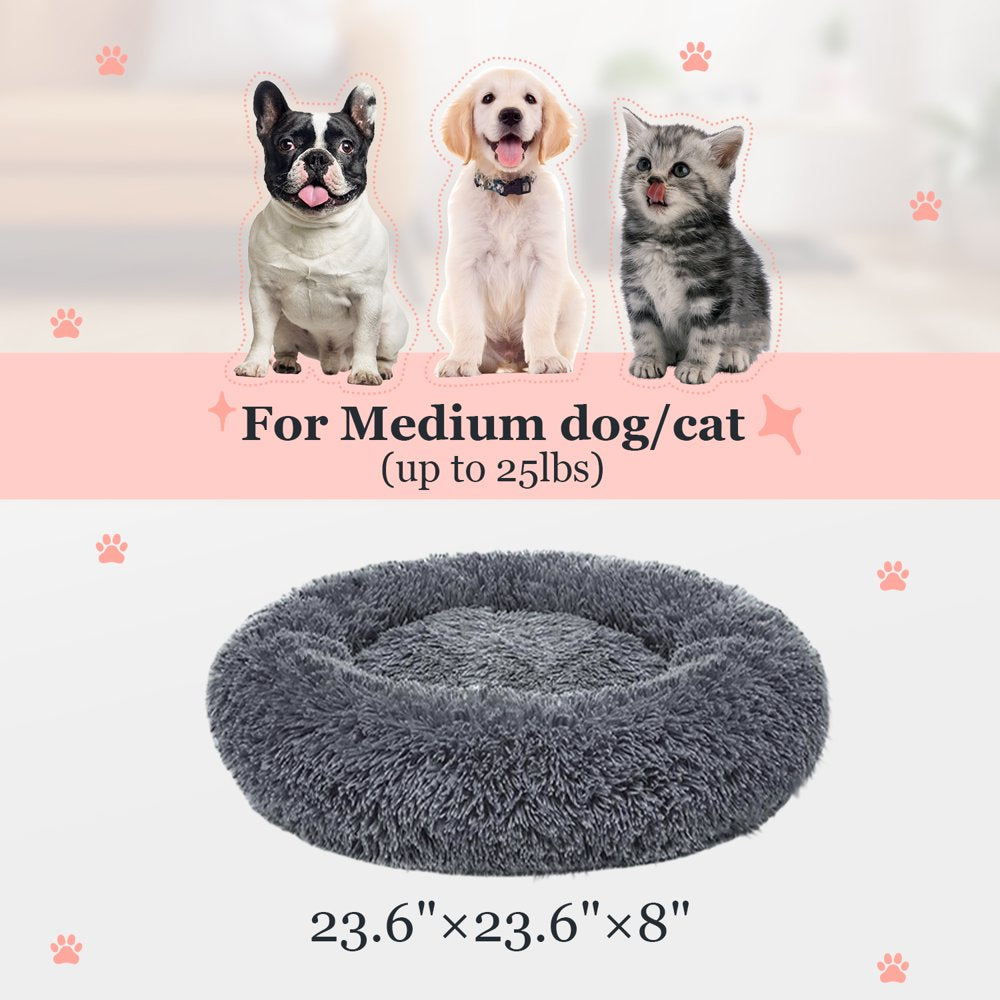 Calming Dog & Cat Bed, Anti-Anxiety Donut Cuddler Warming Cozy Soft round Bed, Fluffy Faux Fur Plush Cushion Bed for Medium Small Dogs and Cats, 24"