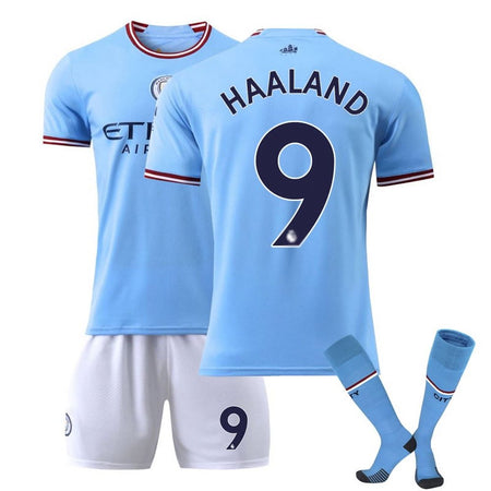 2022-2023 Manchester City Home Jersey #9 Haaland Sportswear Soccer Activewear Set for Kids Youth and Adults