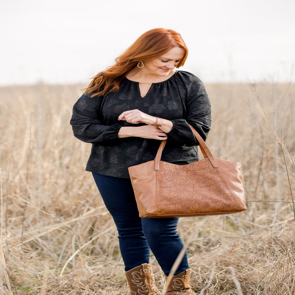 Tooled Scoop Tote Bag, Cognac, Women'S