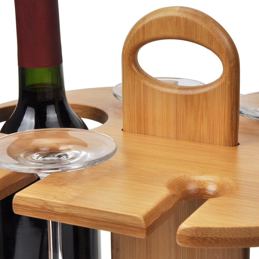 Wine 2 Bottle Holder & 4 Glass Rack, Wine Glass Hanging Drying Stand Organizer on Countertop Tabletop with Free Corkscrew, Bamboo