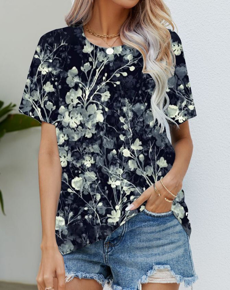 Blouse Women'S Black Flower T Shirt Fashion Soft Short Sleeve T-Shirt Casual Tee