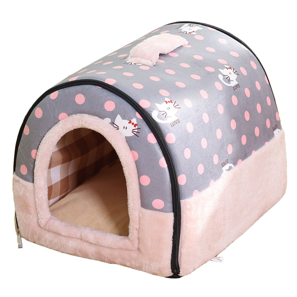 2-In-1 Foldable Cave House Shape Nest, Warm Cave Sleeping Nest, Indoor Dog House, Outdoor Cat House, Pet Sleeping Bed for Cats and Small Dogs, Pink Cat