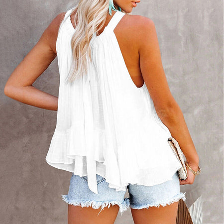 Womens Halter Neck Swing Vest Tank Tops Blouse Ladies Summer Ruffle T-Shirt Tee