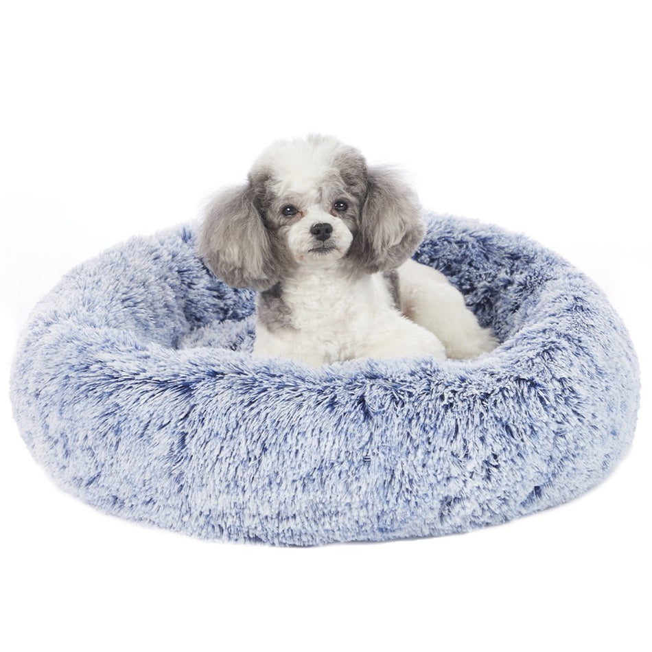 Calming Donut Dog Cat Cuddler Bed, 23" round Plush Pet Bed for Small Dogs & Cats, Navy Blue
