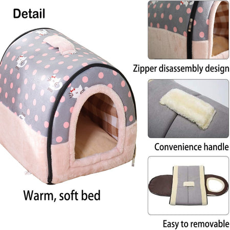 2-In-1 Foldable Cave House Shape Nest, Warm Cave Sleeping Nest, Indoor Dog House, Outdoor Cat House, Pet Sleeping Bed for Cats and Small Dogs, Pink Cat