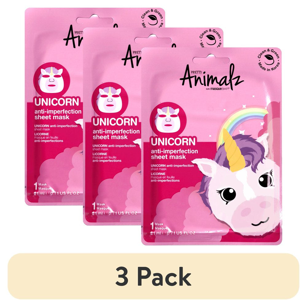 (3 Pack)  Pretty Animalz Unicorn Sheet Mask, Anti-Imperfection, One Sheet Mask, Acne Prone Skin