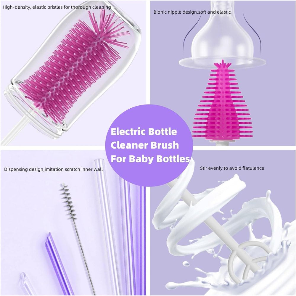 Electric Baby Bottle Brush Travel Set with Automatic Spinning Bottle Brush,Straw Brush and Electric Milk Frother,Suitable for Newborn Babies (Purple)