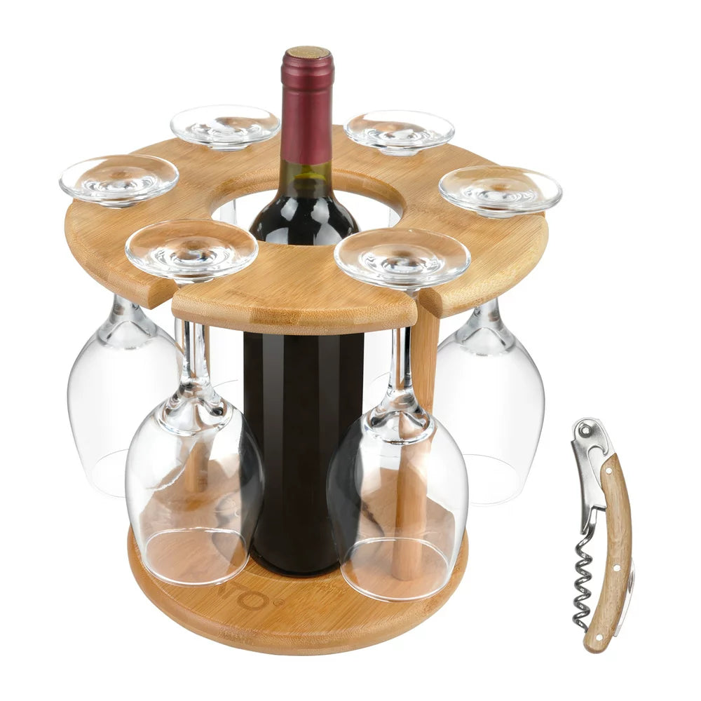 Wine Glass Drying Rack and Bottle Holder, Wooden Wine Storage Glasses Hook Stand Organizer Tray with a Free Wooden Corkscrew Opener