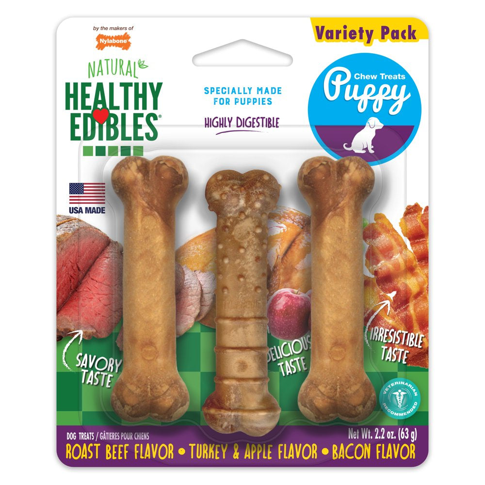 Healthy Edibles Puppy Natural Long Lasting Variety Dog Chew Treats Roast Beef, Turkey, & Apple, & Bacon X-Small/Petite - up to 15 Lbs. (3 Count)