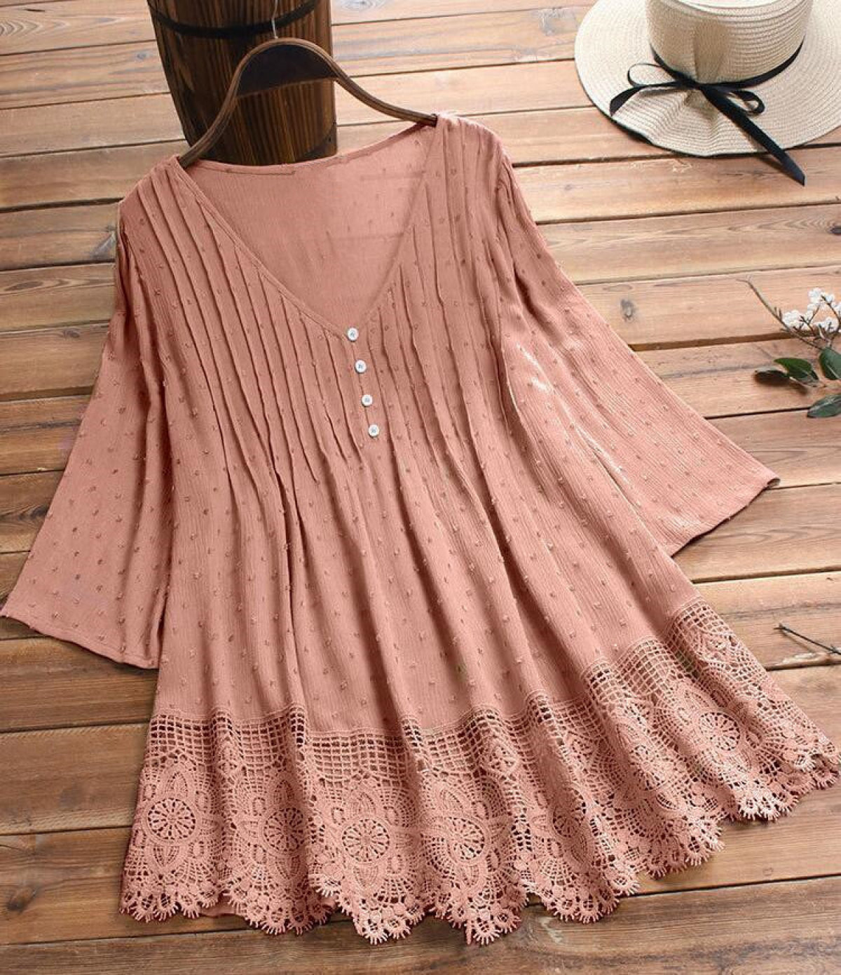 Summer Jacquard Pleated Lace Hollow V-Neckfive-Poi