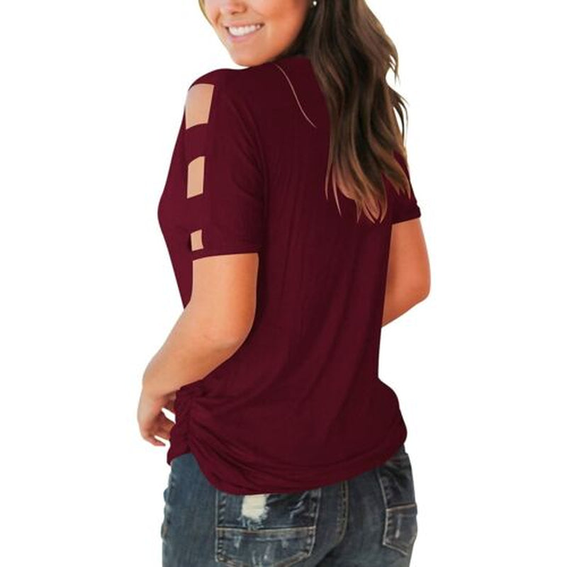 Women'S Short Sleeve Hollow Out Cold Summer Shoulder Tops Deep V Neck T Shirts