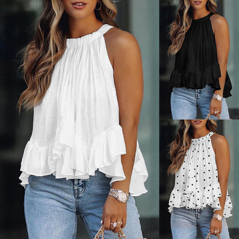 Womens Halter Neck Swing Vest Tank Tops Blouse Ladies Summer Ruffle T-Shirt Tee