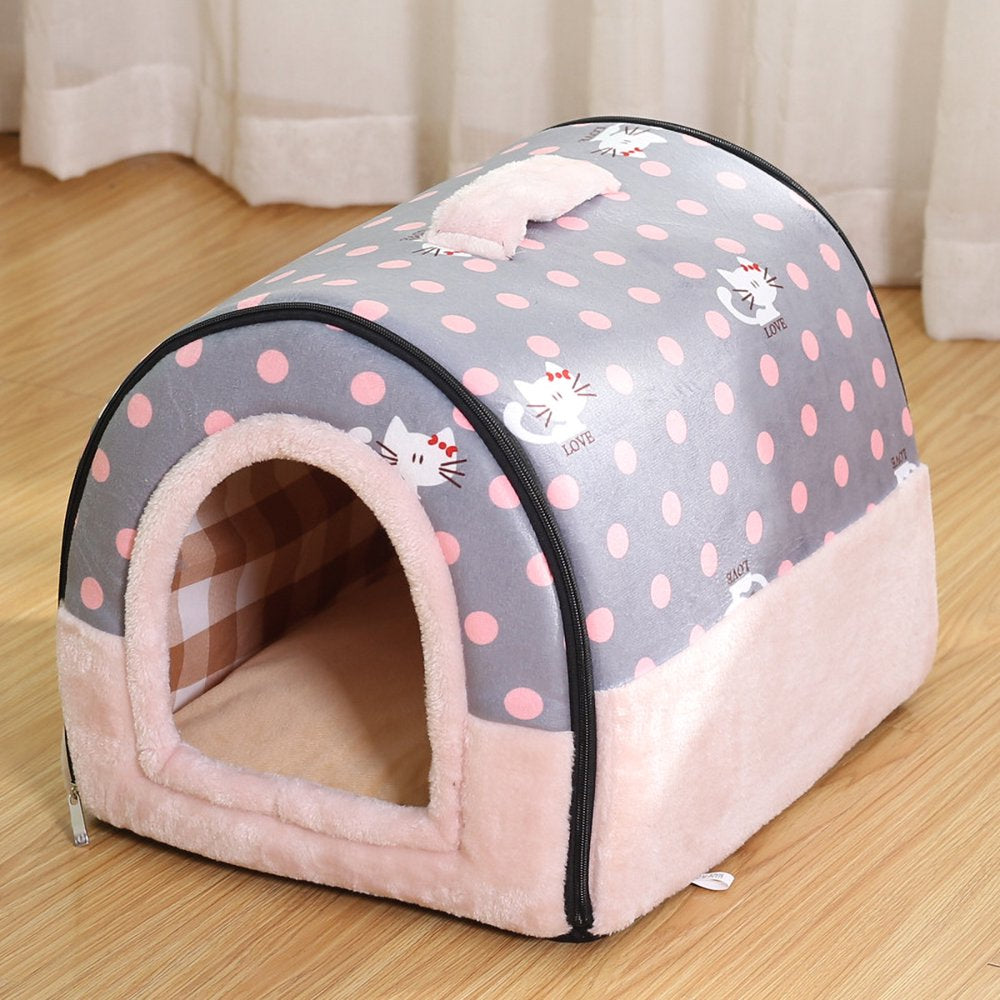 2-In-1 Foldable Cave House Shape Nest, Warm Cave Sleeping Nest, Indoor Dog House, Outdoor Cat House, Pet Sleeping Bed for Cats and Small Dogs, Pink Cat