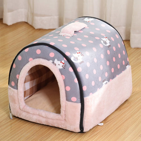 2-In-1 Foldable Cave House Shape Nest, Warm Cave Sleeping Nest, Indoor Dog House, Outdoor Cat House, Pet Sleeping Bed for Cats and Small Dogs, Pink Cat