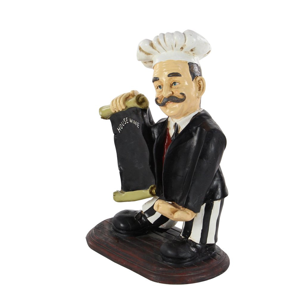 13" X 20" Black Polystone Chef Sculpture with Chalkboard and Wine Holder Slot, by