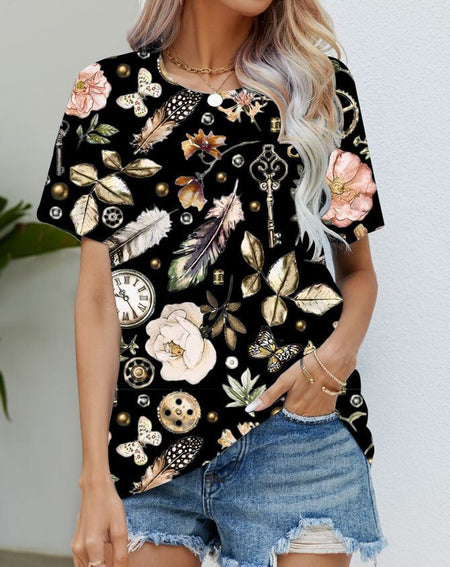 Blouse Women'S Black Flower T Shirt Fashion Soft Short Sleeve T-Shirt Casual Tee