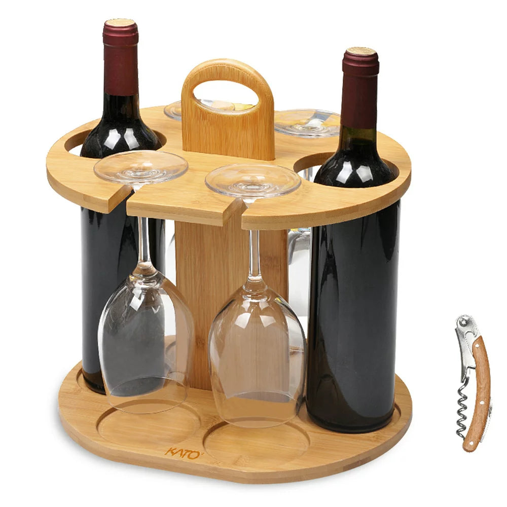 Wine 2 Bottle Holder & 4 Glass Rack, Wine Glass Hanging Drying Stand Organizer on Countertop Tabletop with Free Corkscrew, Bamboo