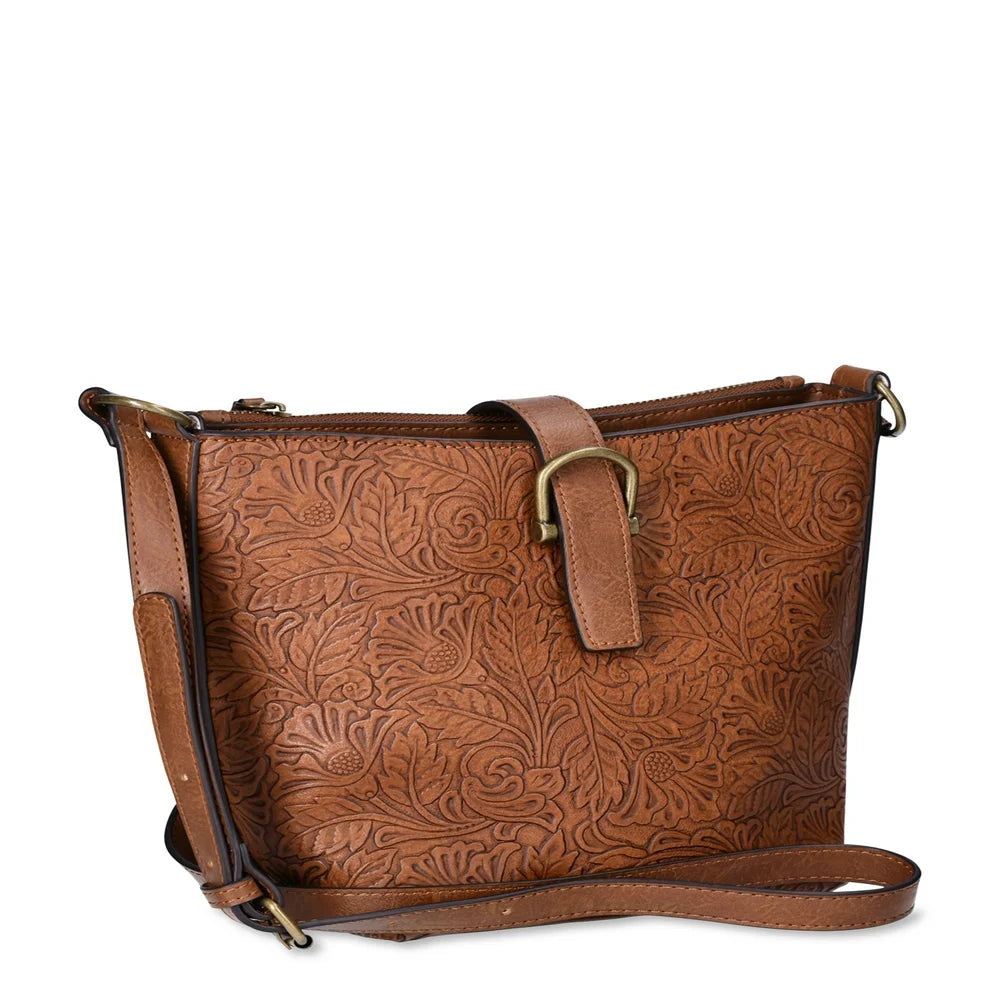 Tooled Bucket Crossbody Handbag, Cognac, Women'S