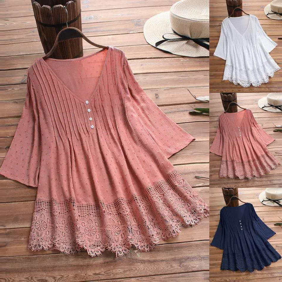 Summer Jacquard Pleated Lace Hollow V-Neckfive-Poi