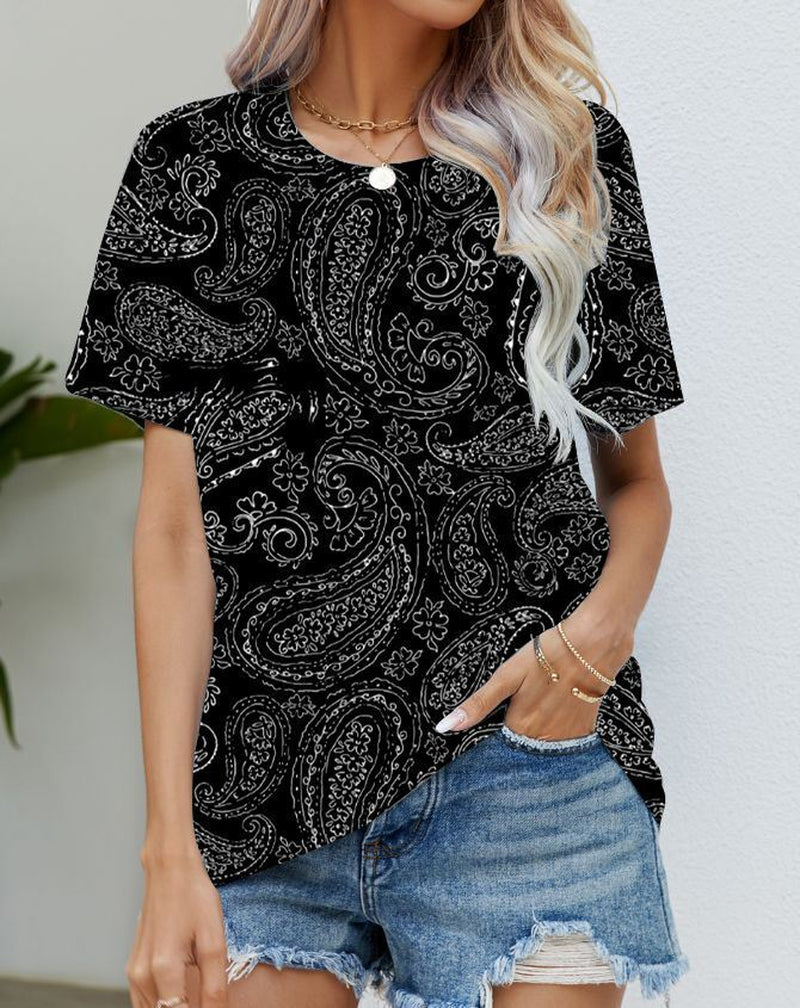 Blouse Women'S Black Flower T Shirt Fashion Soft Short Sleeve T-Shirt Casual Tee