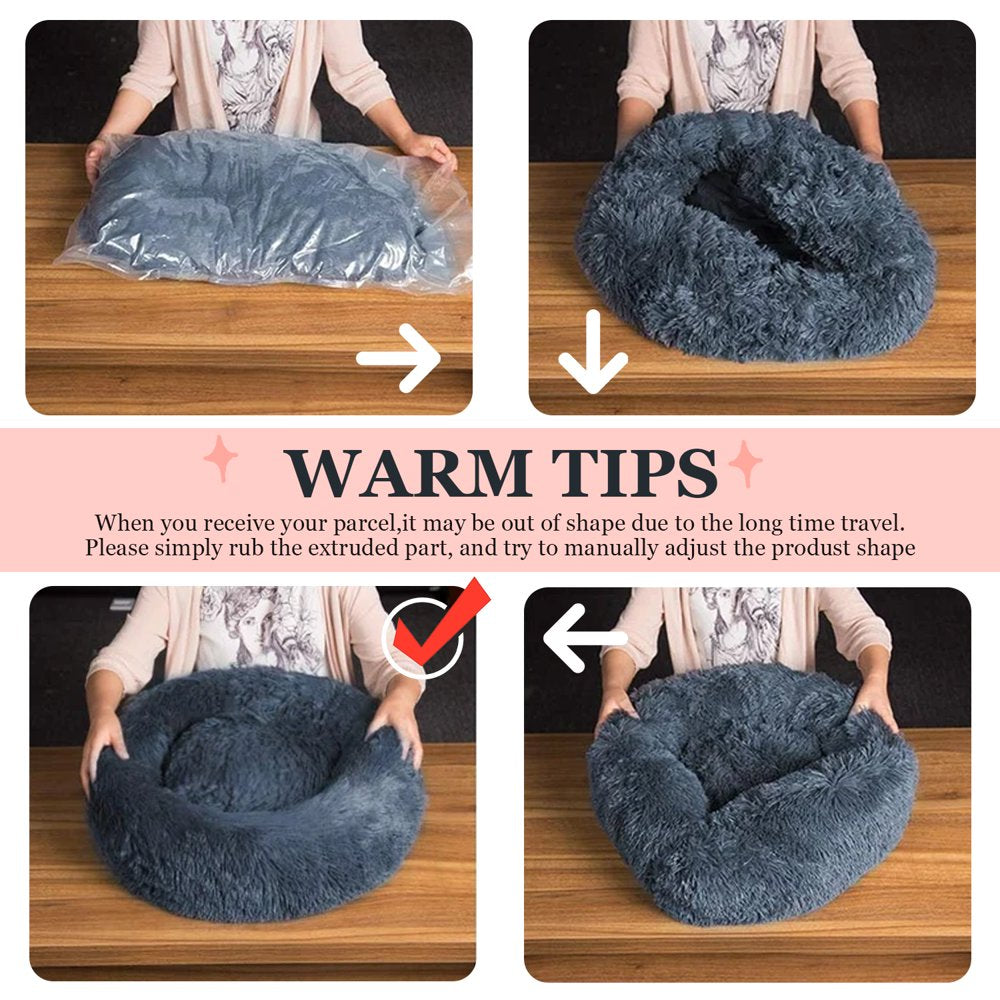 Calming Dog & Cat Bed, Anti-Anxiety Donut Cuddler Warming Cozy Soft round Bed, Fluffy Faux Fur Plush Cushion Bed for Medium Small Dogs and Cats, 24"