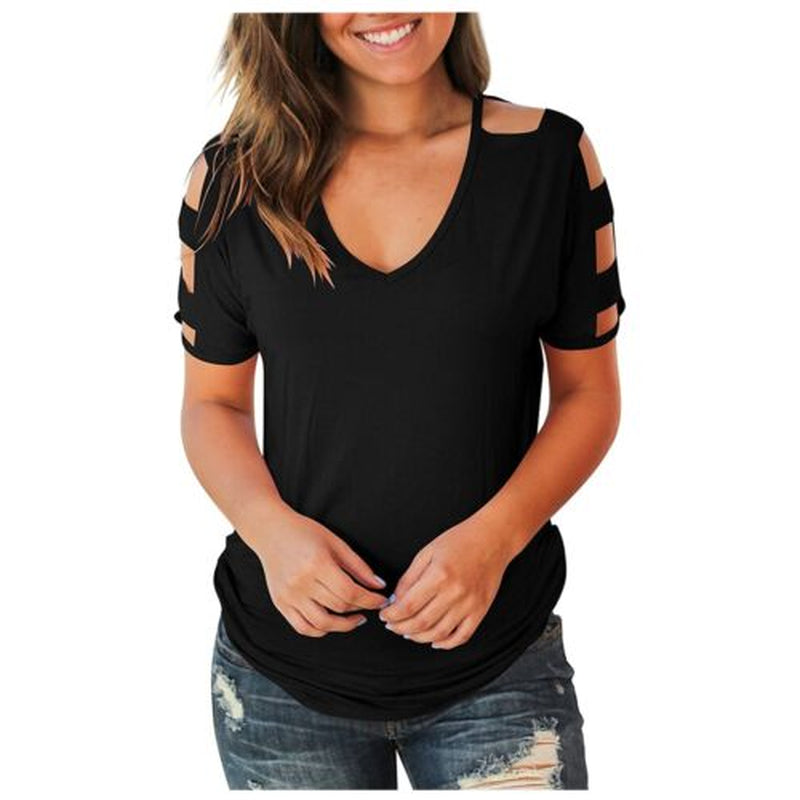 Women'S Short Sleeve Hollow Out Cold Summer Shoulder Tops Deep V Neck T Shirts