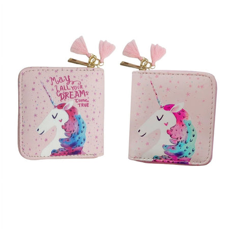 1Pc PU Zipper Wallet Cartoon Unicorns Pattern Wallet Small Zipper Wallet for Girls (Pink)