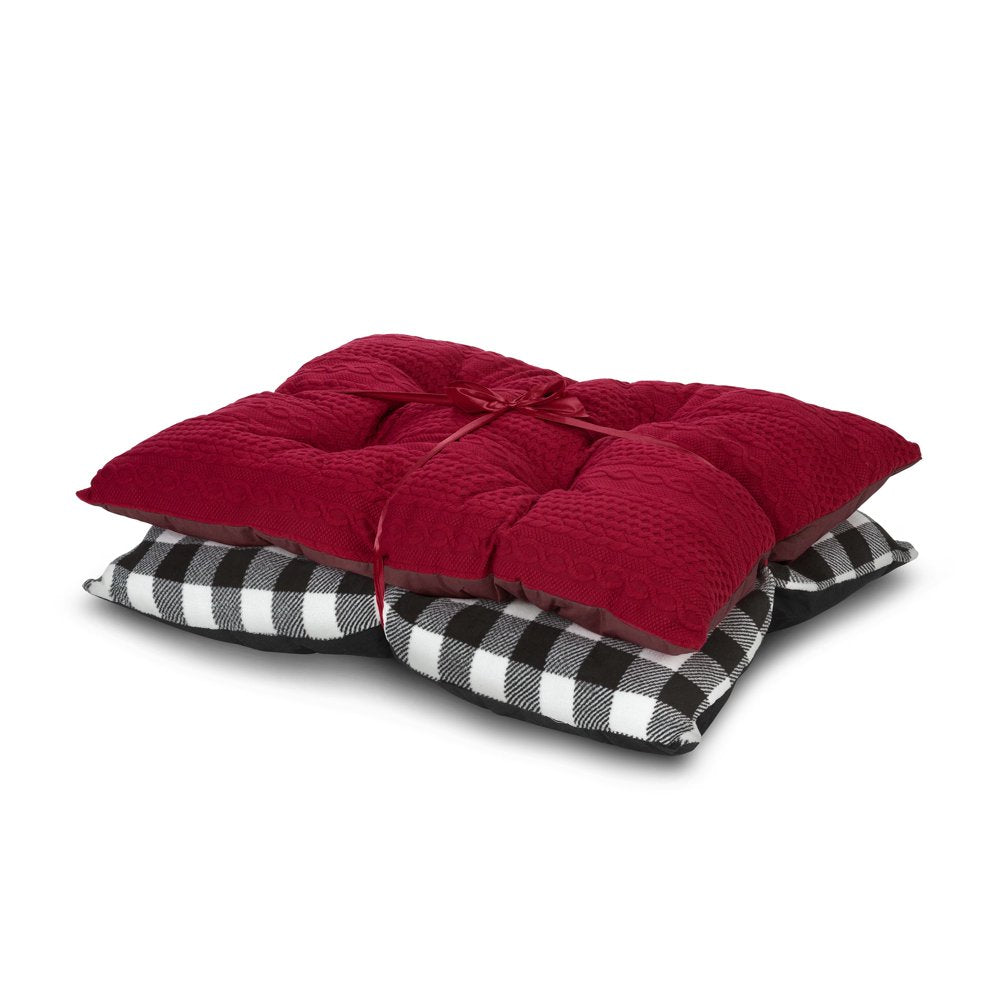 Tufted Pillow Large Dog Bed Gift Set, Red Knit & Black/White Buffalo Plaid