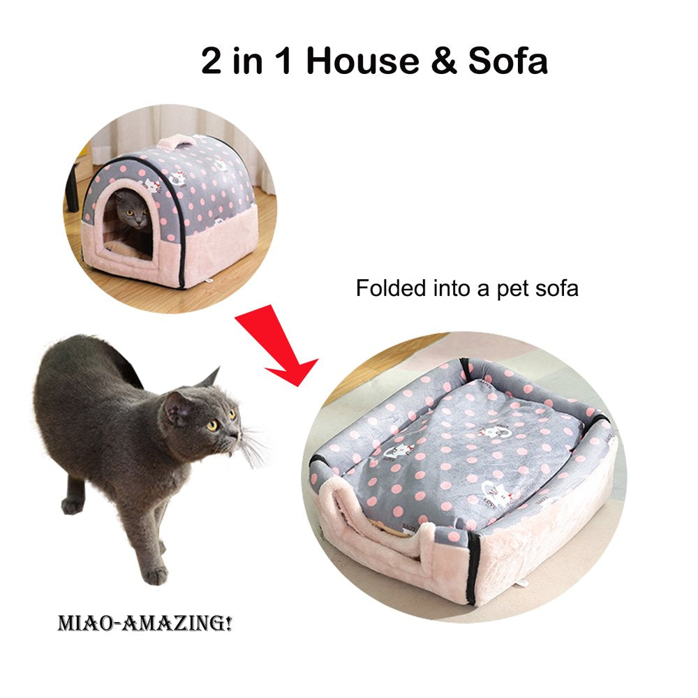 2-In-1 Foldable Cave House Shape Nest, Warm Cave Sleeping Nest, Indoor Dog House, Outdoor Cat House, Pet Sleeping Bed for Cats and Small Dogs, Pink Cat